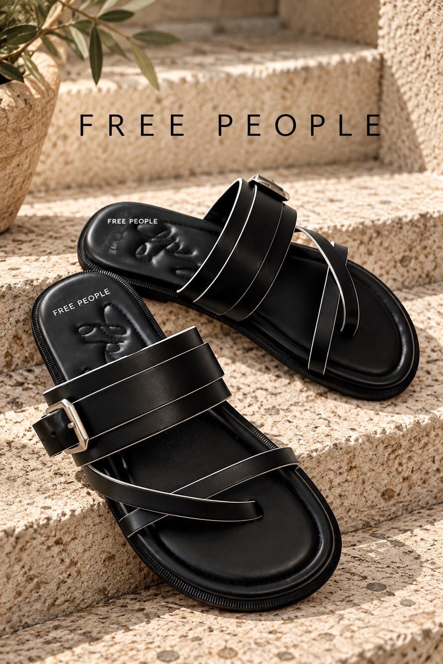 Free People Belted Cross Strap Slide Sandals Black Leather Sz 8.5 NWOB $128